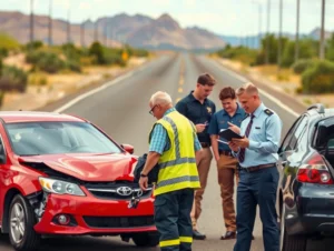 A car accident scene on an Arizona road. Two damaged vehicles, police officers taking reports, and concerned drivers exchanging information.