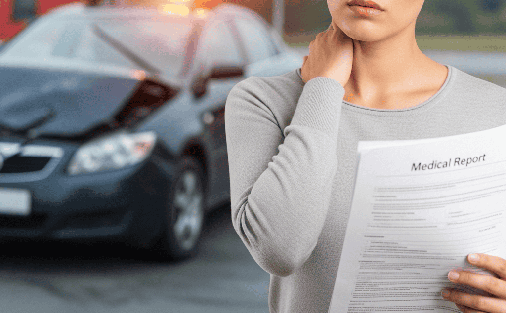 A person with neck pain after a car accident, holding medical records, with a car crash scene blurred in the background, symbolizing delayed injuries and the importance of documentation for a legal claim.