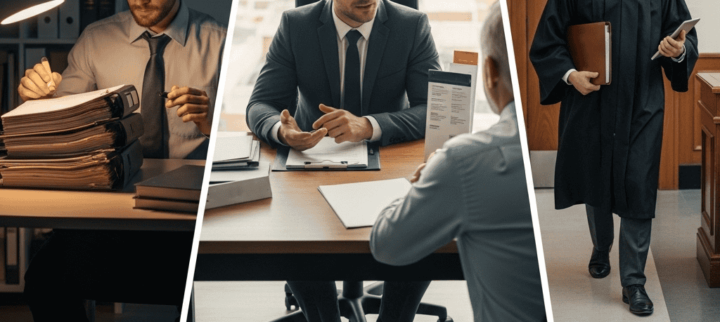 A personal injury lawyer’s day: reviewing case files at a desk, speaking compassionately with a client, and preparing for court with legal documents in hand.