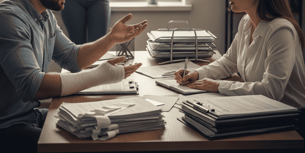 Car accident victim discussing pain and suffering damages with Big Auto attorney in Phoenix office, highlighting medical bills and emotional impact.