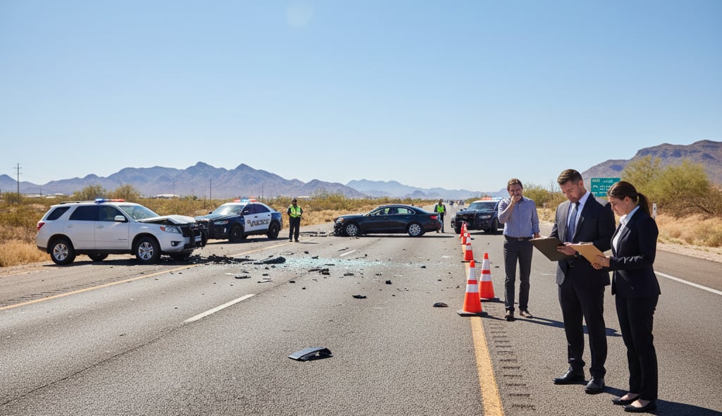 A car collision scene on a sunny Arizona highway.