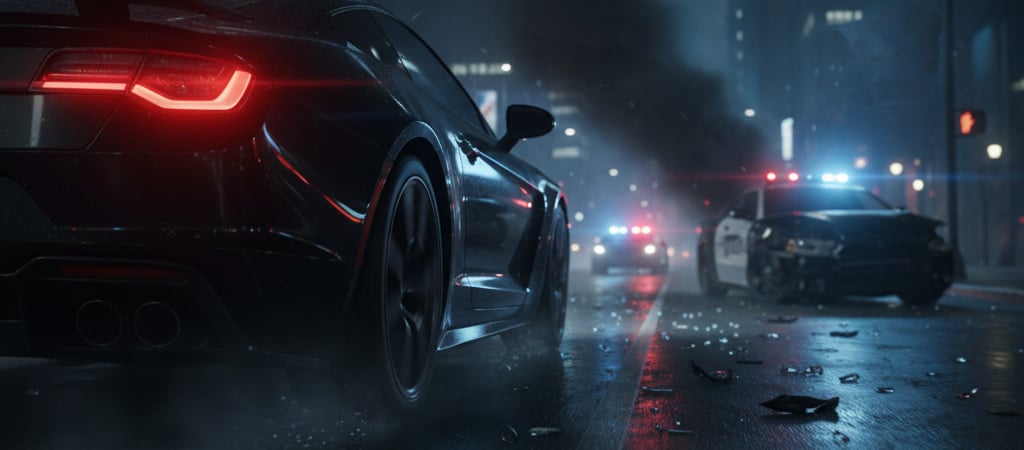 A night scene of a car speeding away from a crash site with flashing police lights in the distance