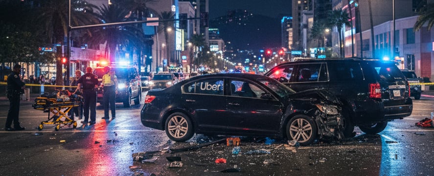 An Uber car accident scene on a busy Phoenix street at night with police lights flashing