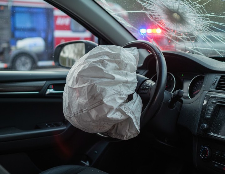 A car interior after a crash showing a deployed airbag on the driver’s side, symbolizing safety and protection