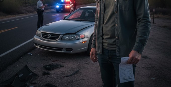 A driver holding a traffic ticket next to a damaged car with police lights in the background