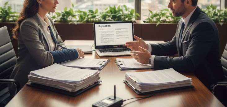 A calm accident victim sitting with an attorney in a modern office, preparing for a deposition.