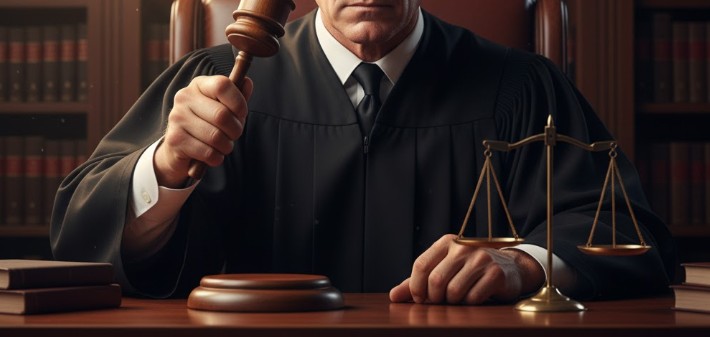 A judge in black robes holds a gavel up