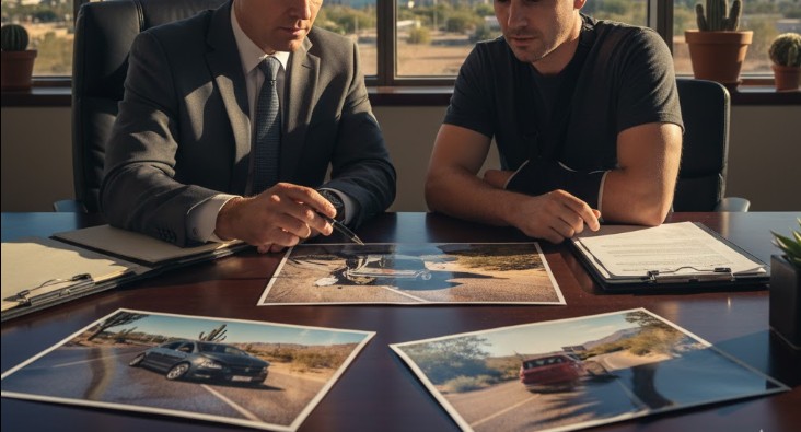 Lawyer and client reviewing road accident photos in an Arizona law office setting.