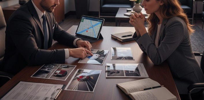 A lawyer and client reviewing accident photos and police reports in a modern law office.