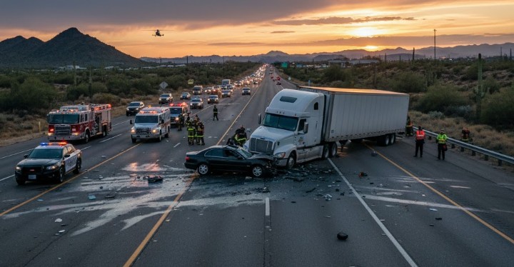 A serious highway collision between a semi-truck and a car under Arizona desert skies, emergency lights flashing.