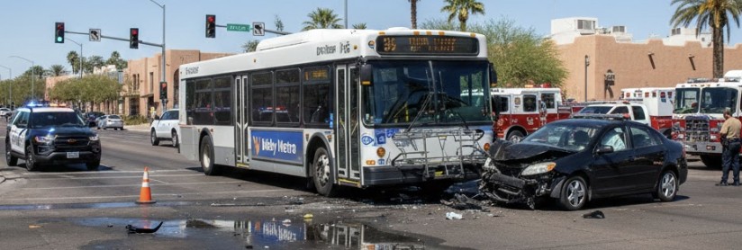 A collision scene with a city bus and a passenger car at an urban Arizona intersection