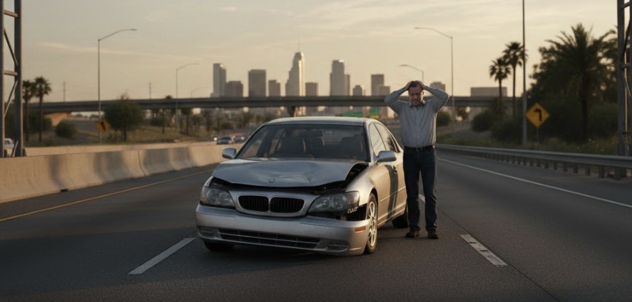 A damaged car on a highway