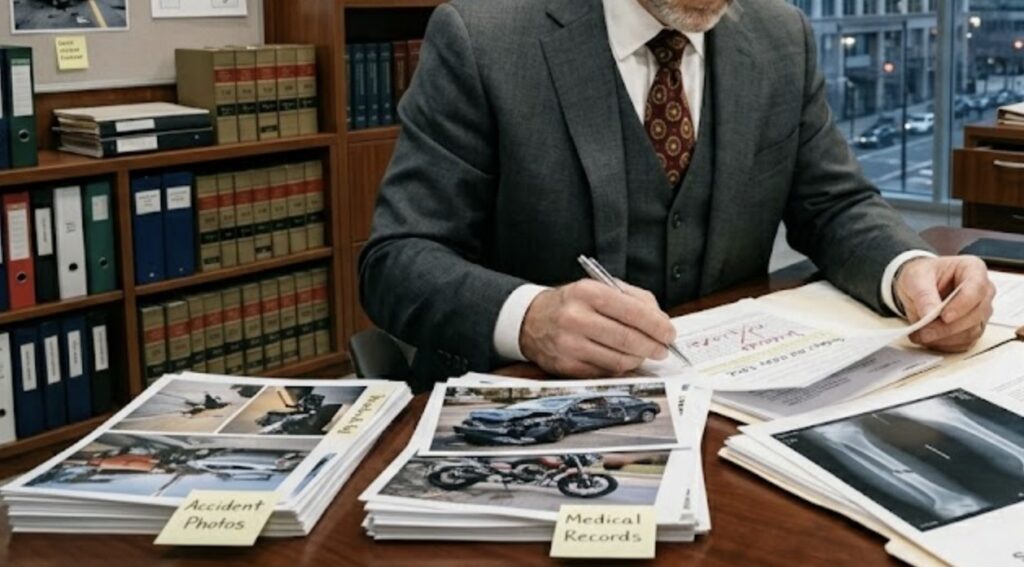 Attorney reviewing case files with accident photos, medical records, and legal documents in an organized office setting.