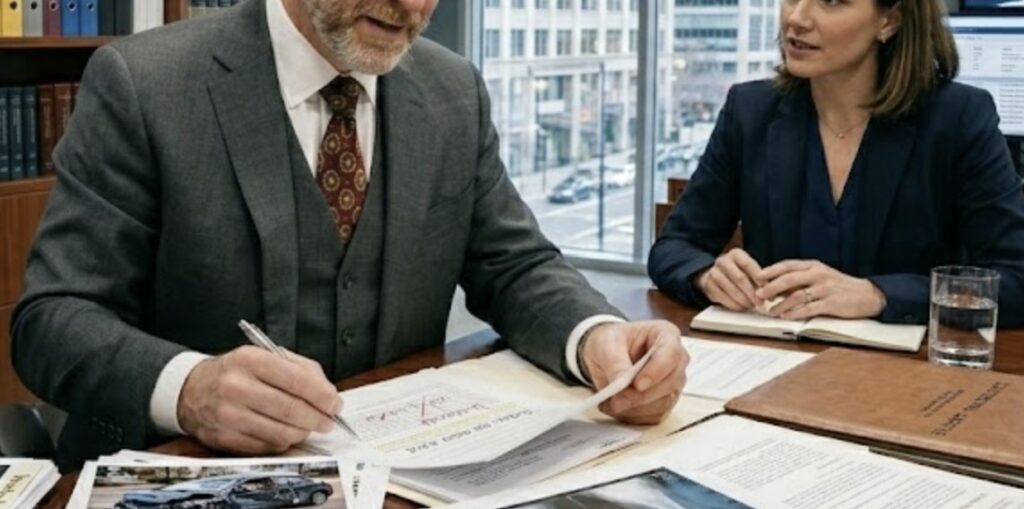 Attorney consulting with a client in a professional office setting