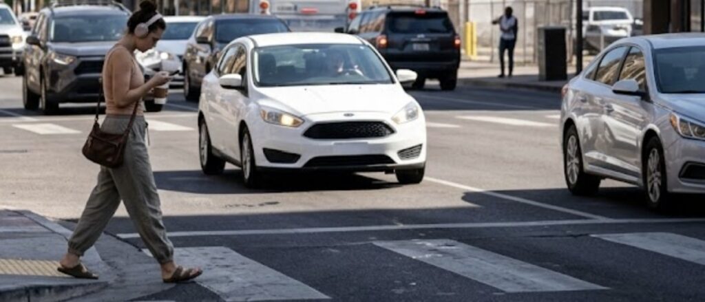 A distracted pedestrian steps into traffic.